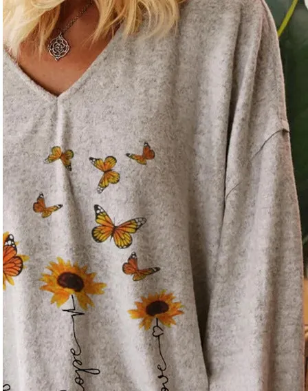 Fashion casual love and hope butterfly sunflower print casual long-sleeved T-shirt