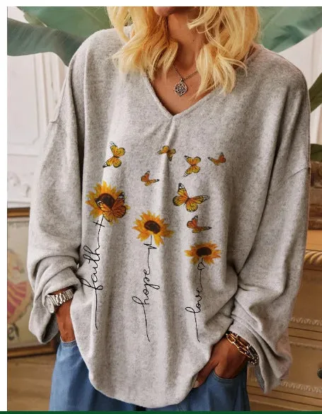 Fashion casual love and hope butterfly sunflower print casual long-sleeved T-shirt