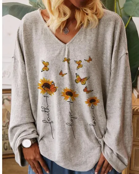 Fashion casual love and hope butterfly sunflower print casual long-sleeved T-shirt