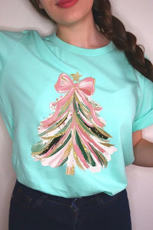 Faux Glitter Pink Bow Christmas Tree Graphic Tee