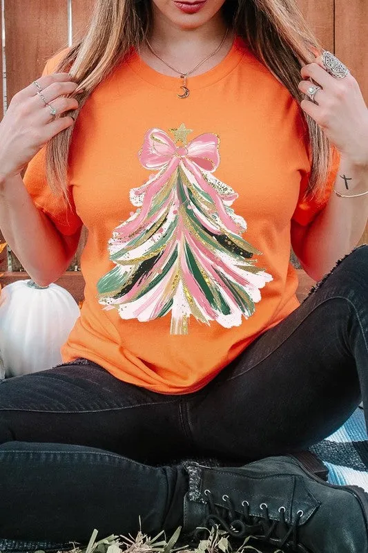 Faux Glitter Pink Bow Christmas Tree Graphic Tee