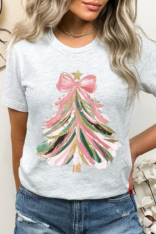 Faux Glitter Pink Bow Christmas Tree Graphic Tee