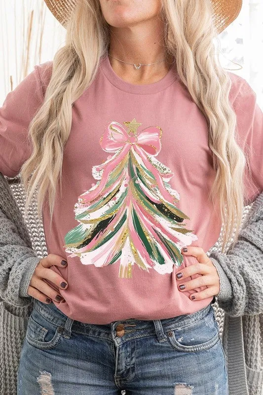 Faux Glitter Pink Bow Christmas Tree Graphic Tee