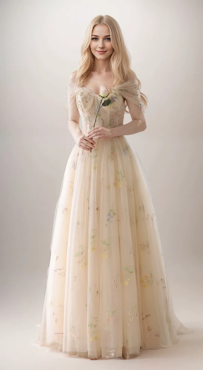 Floral lace tulle detachable sleeves off-the-shoulder princess style long prom dress