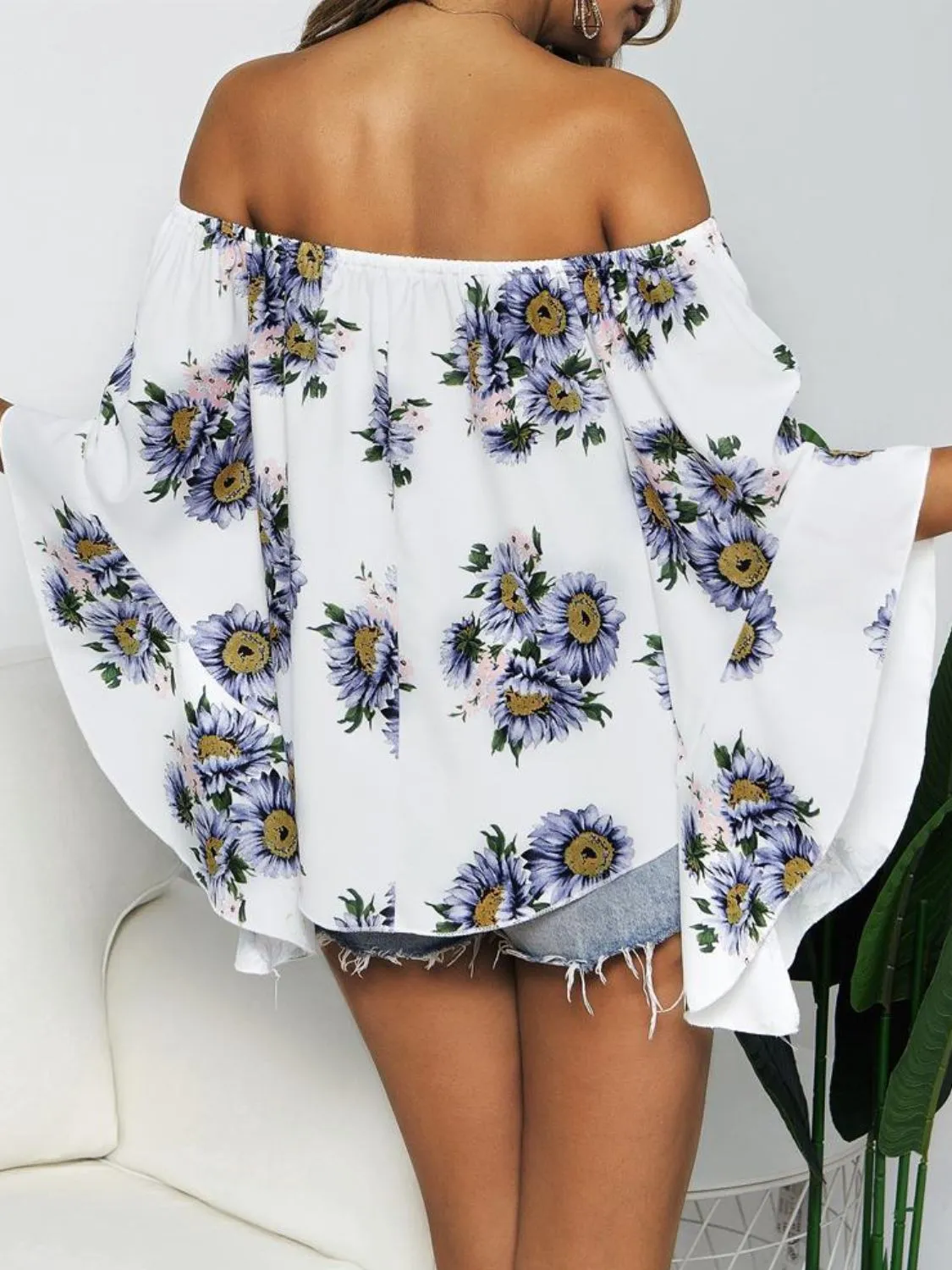 Floral Print Off-Shoulder Flounce Sleeve Blouse