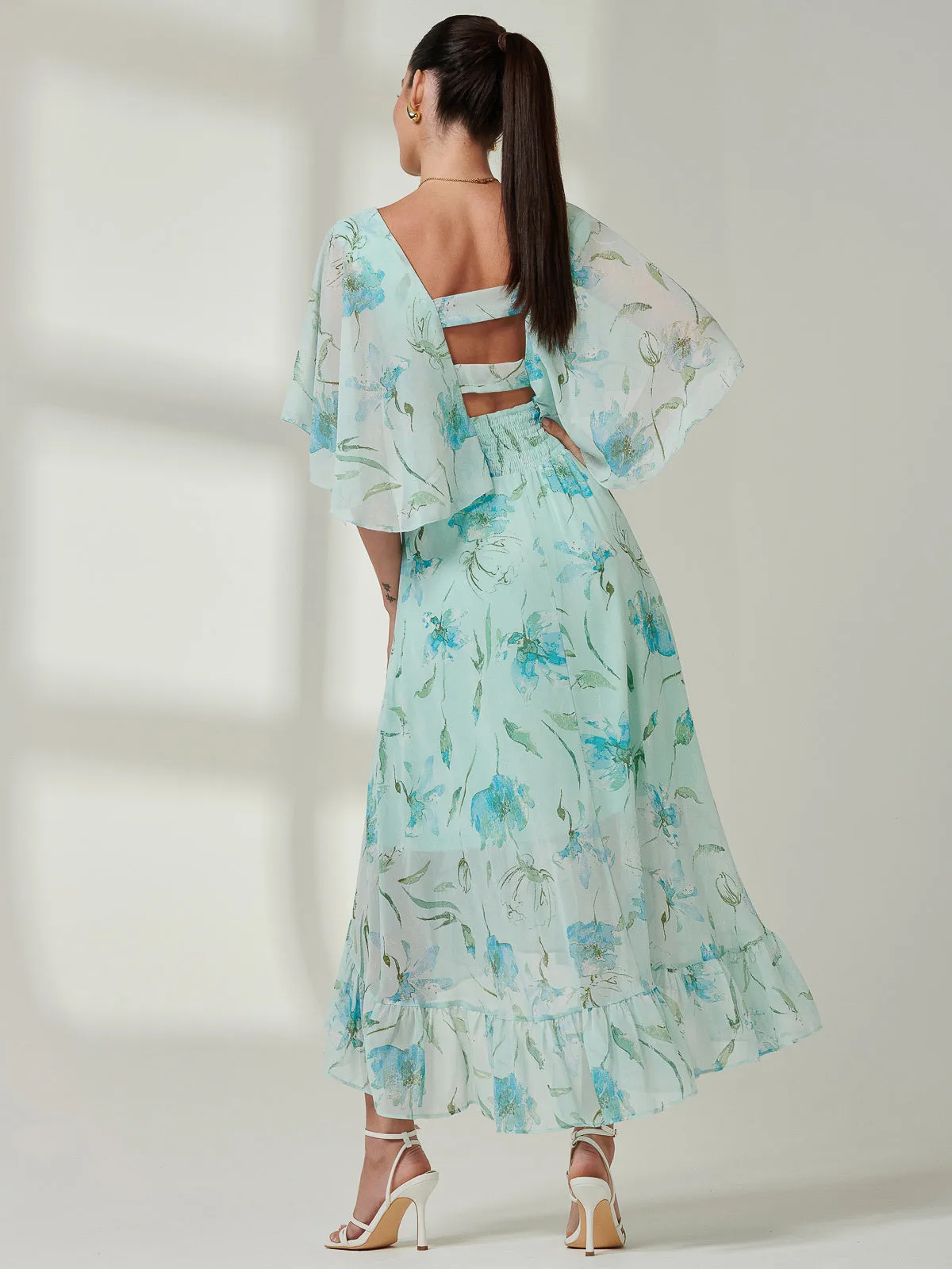 Frill V-neck Chiffon Maxi Dress, Green Floral