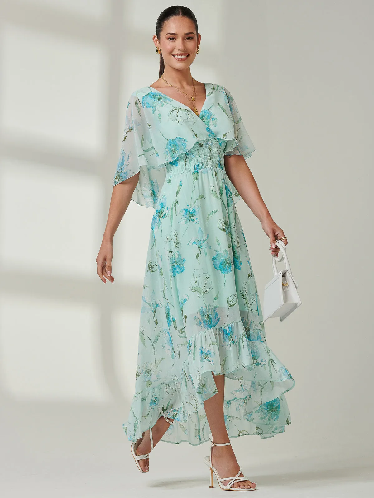 Frill V-neck Chiffon Maxi Dress, Green Floral