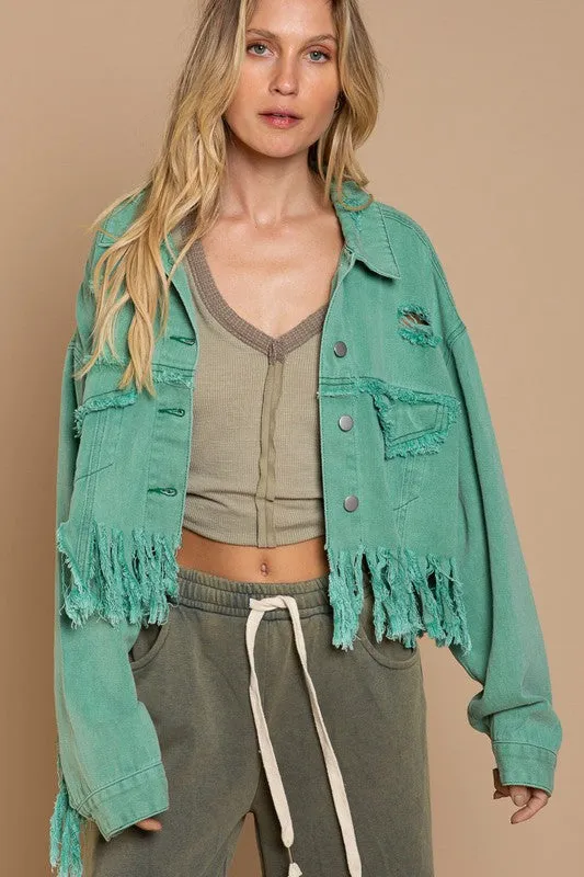 Fringe Distressed Crop Denim Jacket