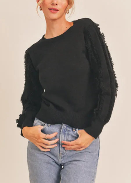 Fringe Sleeve Black Sweater