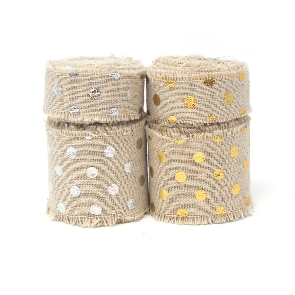 Fringed Linen Ribbon with Metallic Dots, 5-Yard