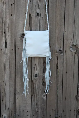 Fringed white leather handbag, crossbody purse, summer purse