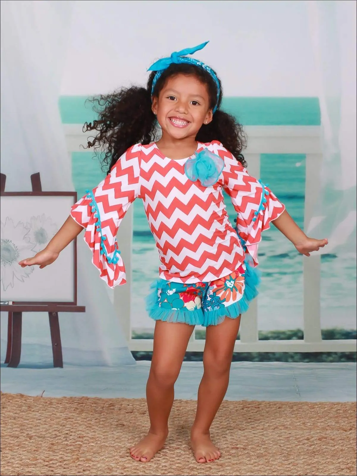 Girls 3/4 Ruffled Asymmetric Sleeve Tunic & Ruffled Shorts Set