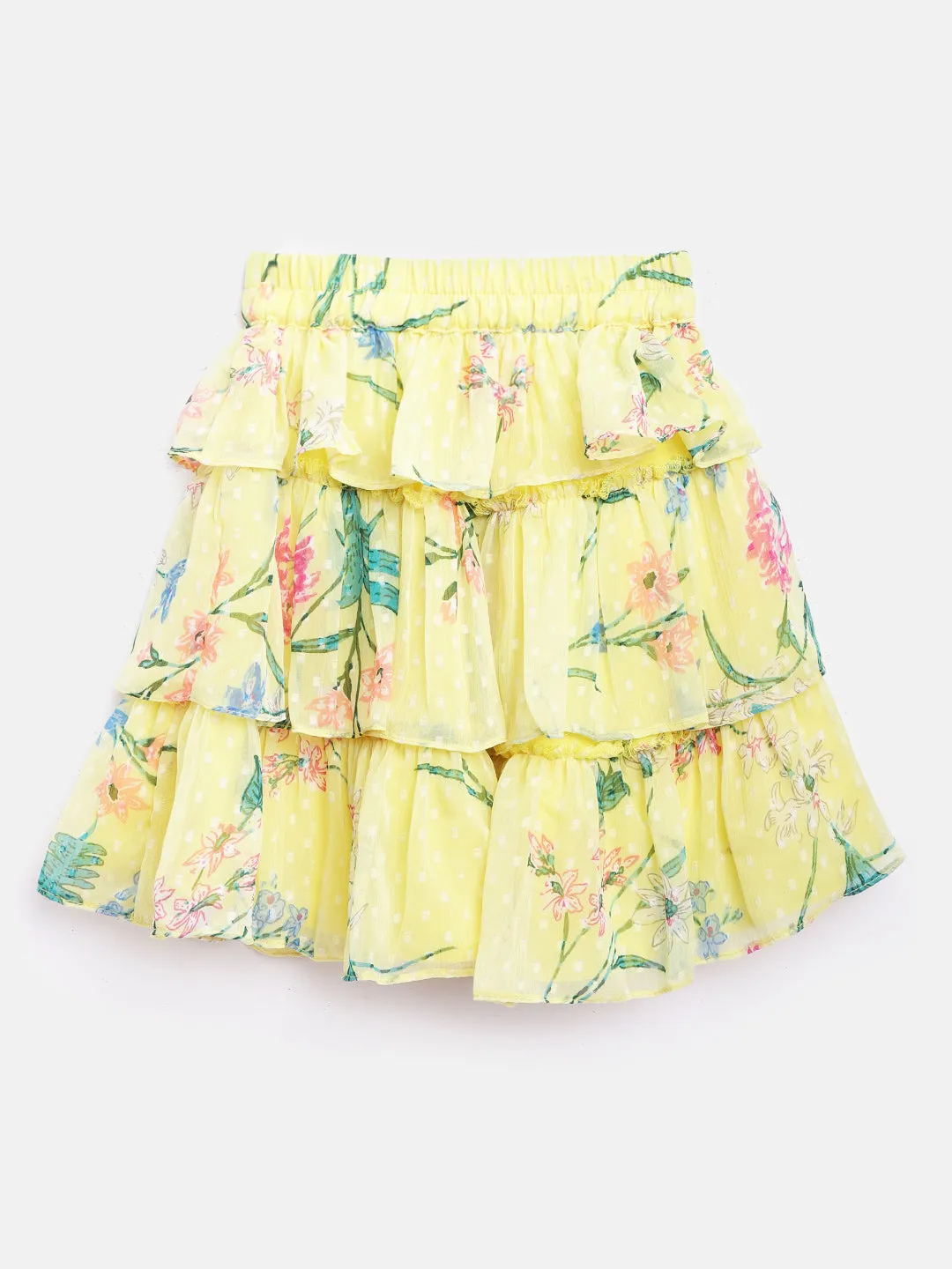 Girls Pink Yellow Solid Blouson Ruffled Top With Tiered Skirt - Ps Peaches