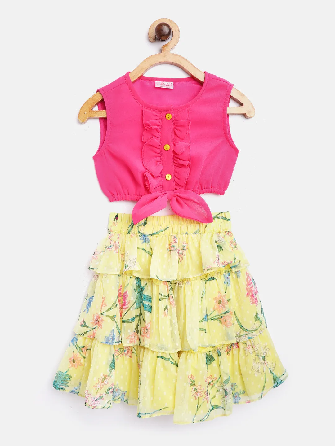 Girls Pink Yellow Solid Blouson Ruffled Top With Tiered Skirt - Ps Peaches