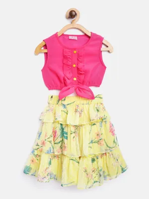 Girls Pink Yellow Solid Blouson Ruffled Top With Tiered Skirt - Ps Peaches