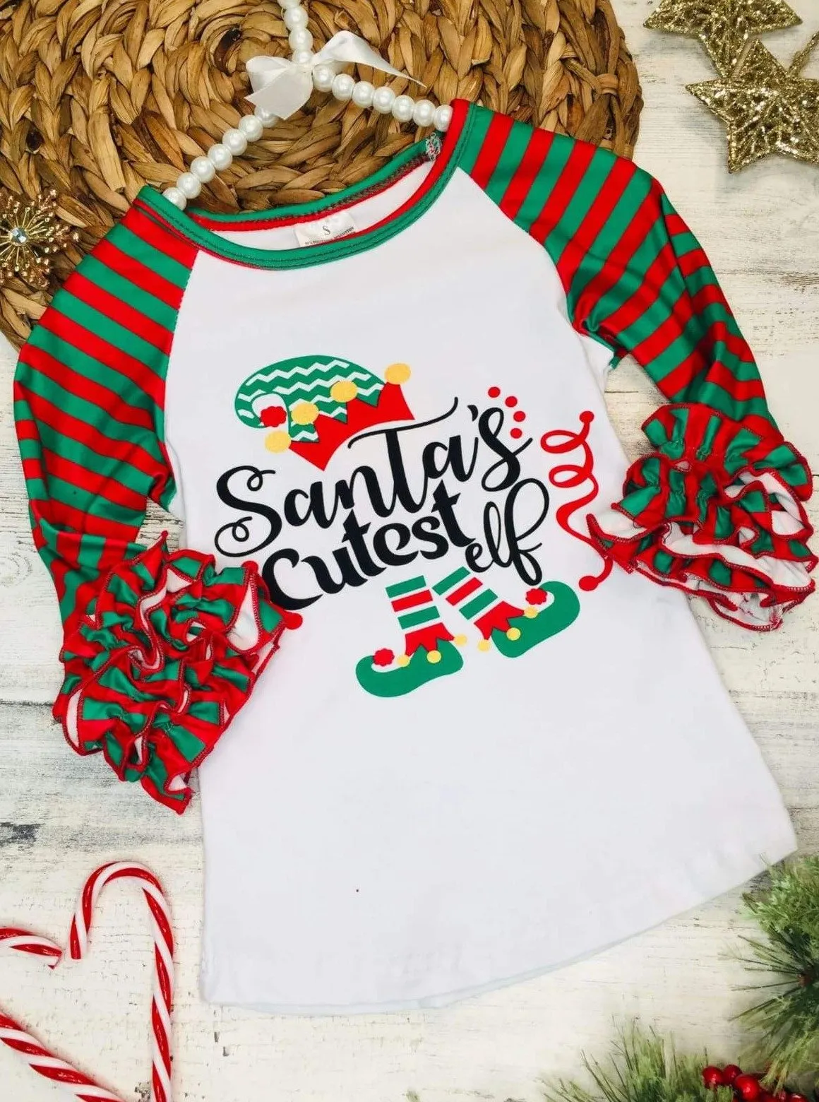 Girls "Santa's Cutest Elf" Striped Ruffled Top