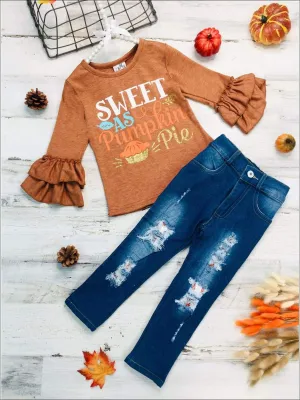 Girls "Sweet as Pumpkin Pie" Long Sleeve Ruffled Top & Ripped Jeans Set