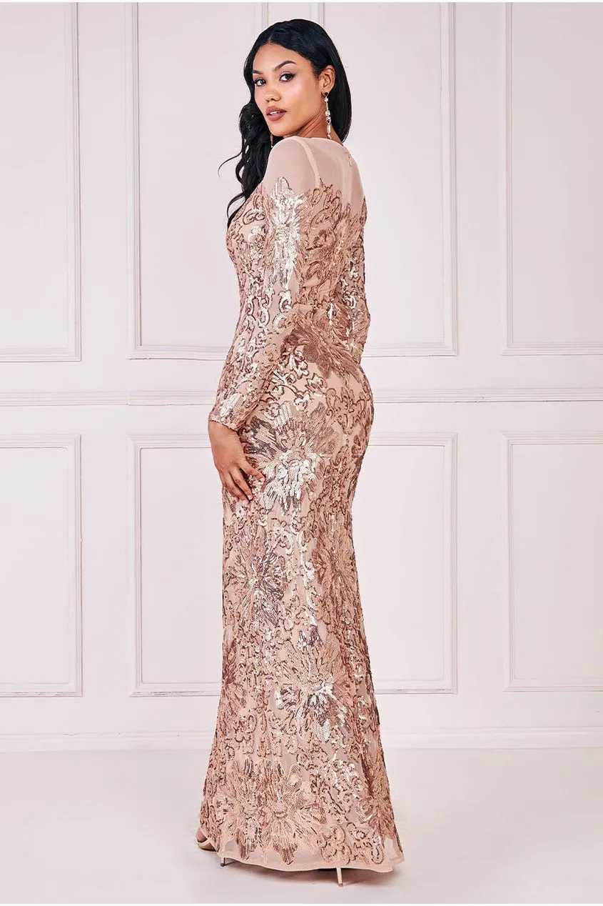 Goddiva Floral Sequin Mesh Maxi