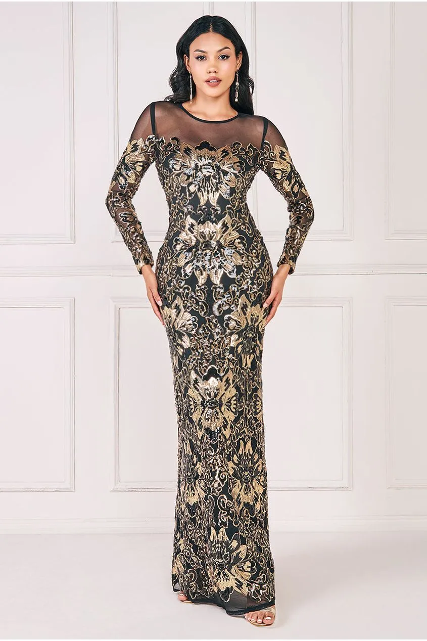 Goddiva Floral Sequin Mesh Maxi