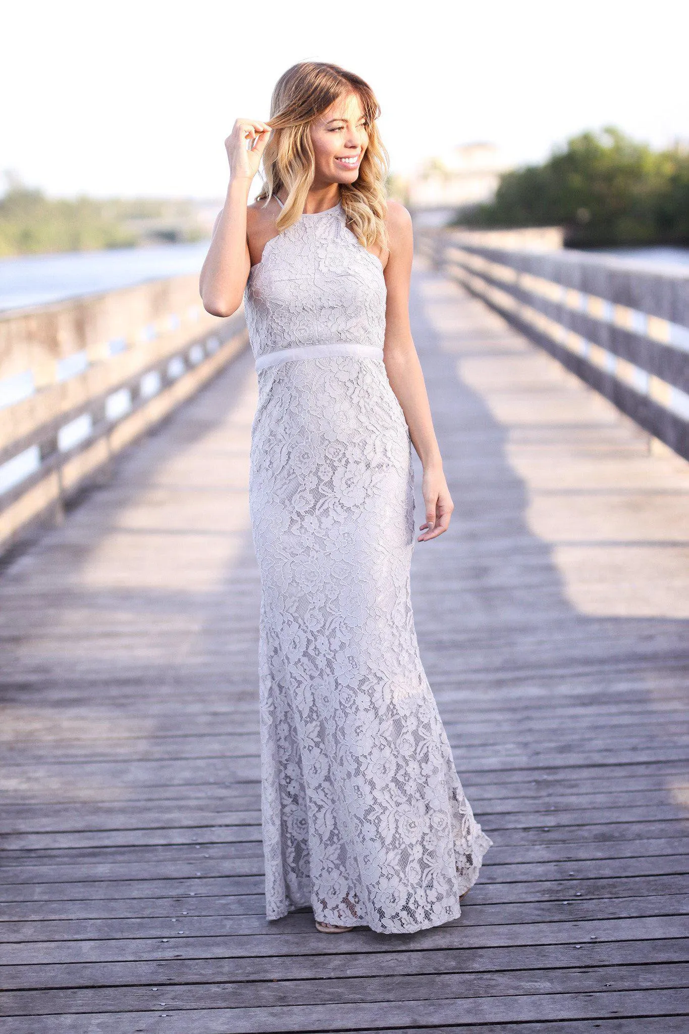 Gray Lace Maxi Dress with Criss Cross Back