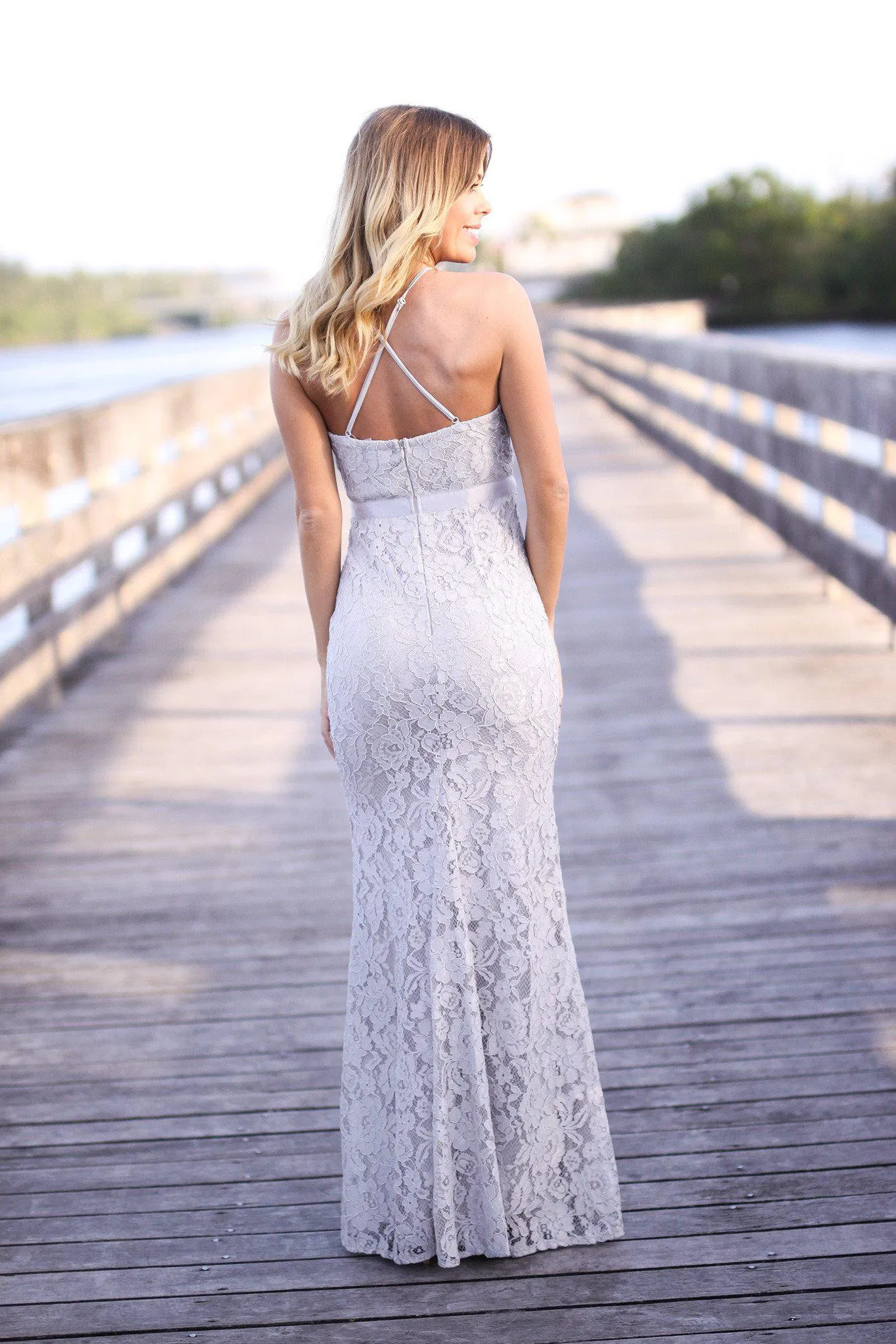 Gray Lace Maxi Dress with Criss Cross Back