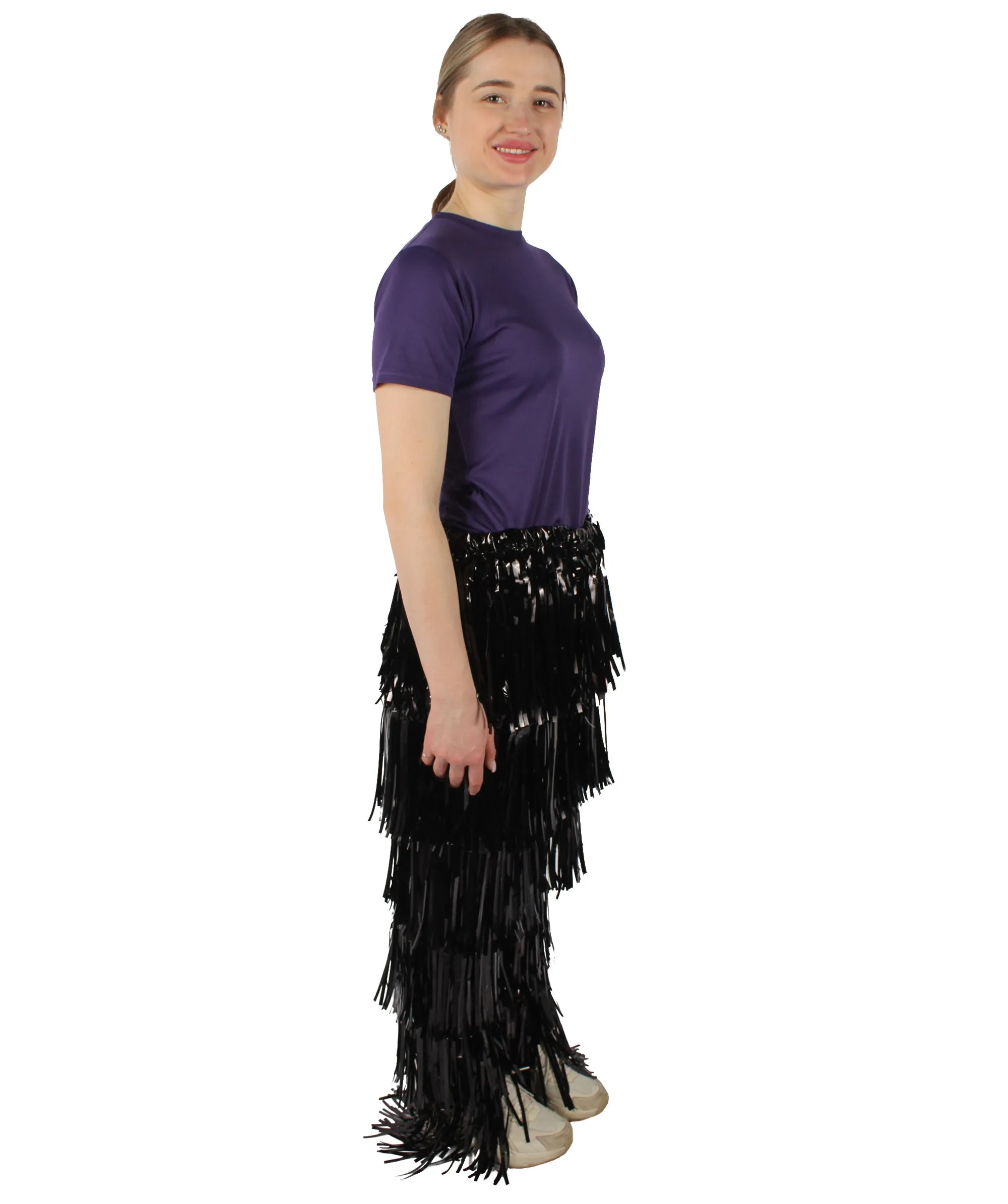 HPO Adult Women's Tinsel Fringed Tiered Black Trousers| Perfect for Halloween| Flame-retardant Synthetic Material