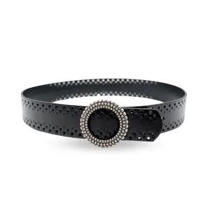 IRIS - Women's Black Genuine Leather Belt with Round Silver buckle