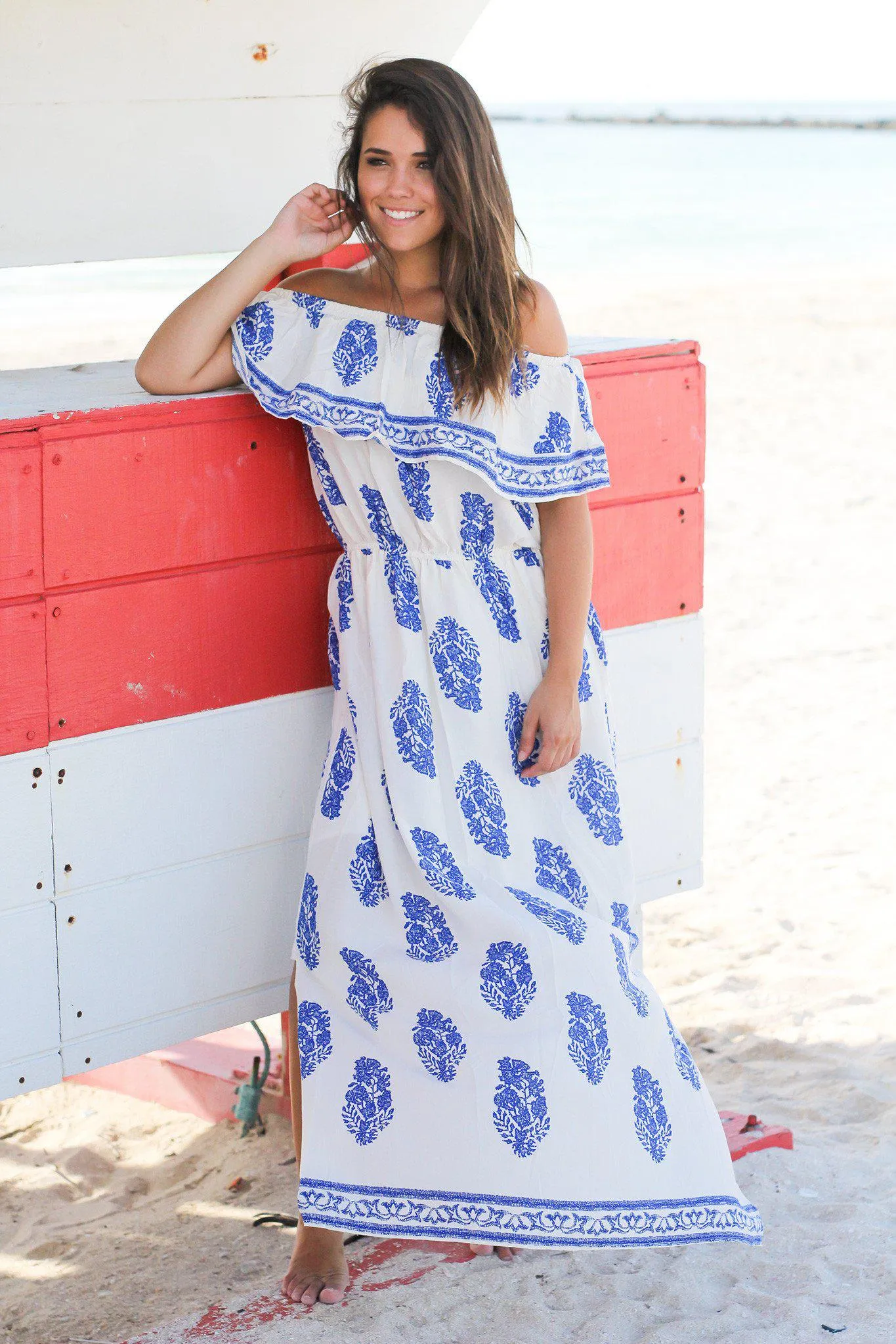 Ivory and Blue Off Shoulder Maxi Dress