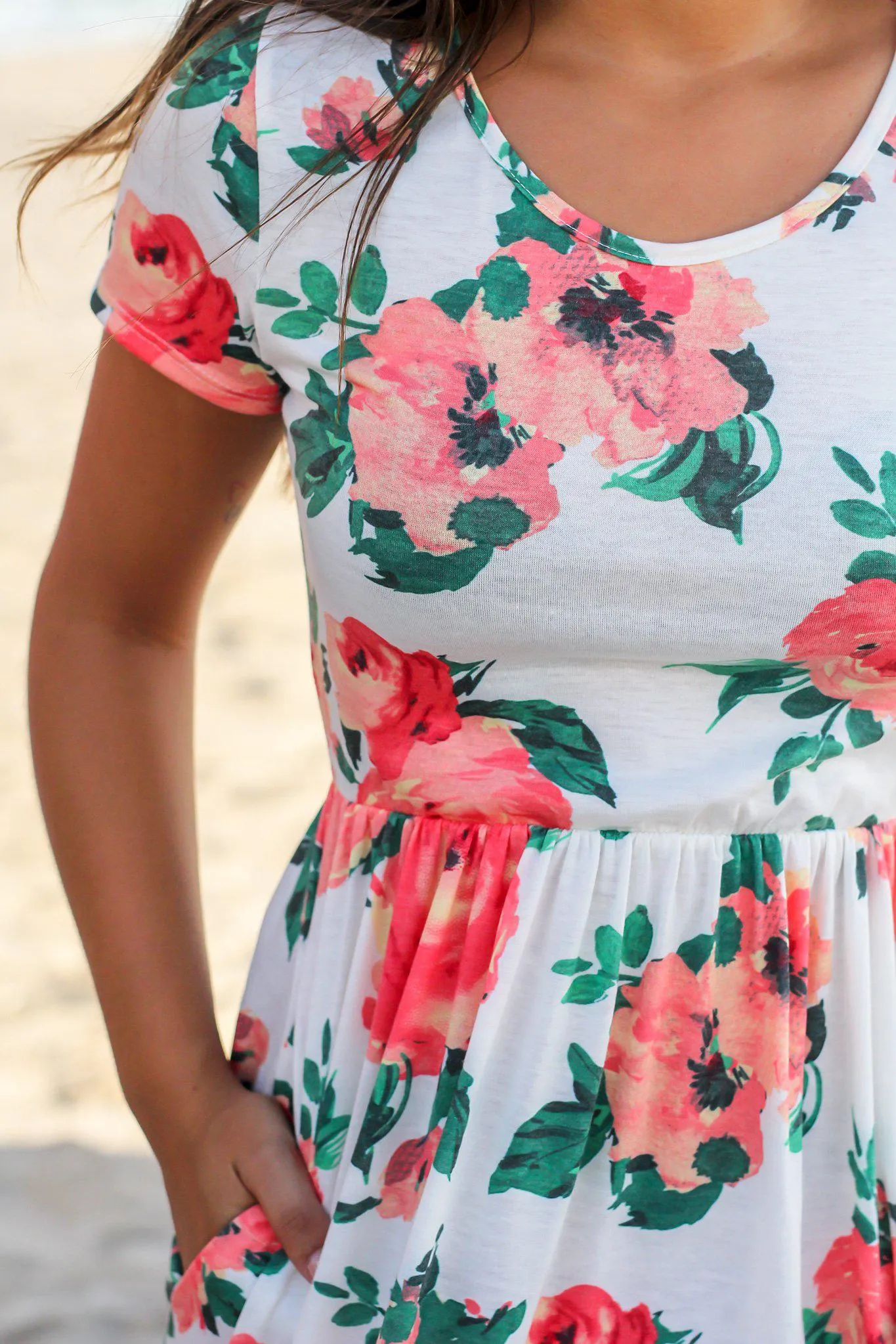 Ivory and Coral Floral Maxi Dress