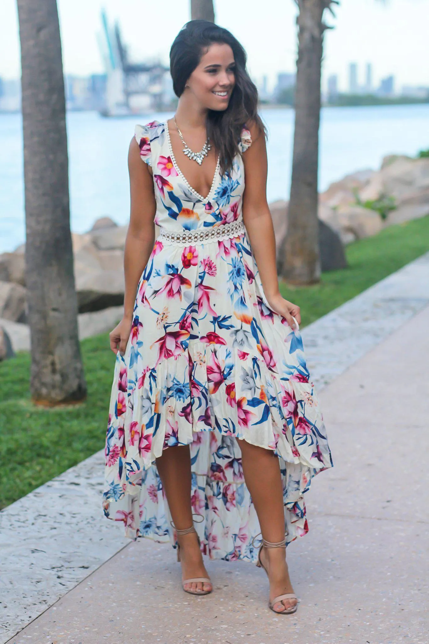 Ivory Floral High Low Dress with Crochet Open Back Detail