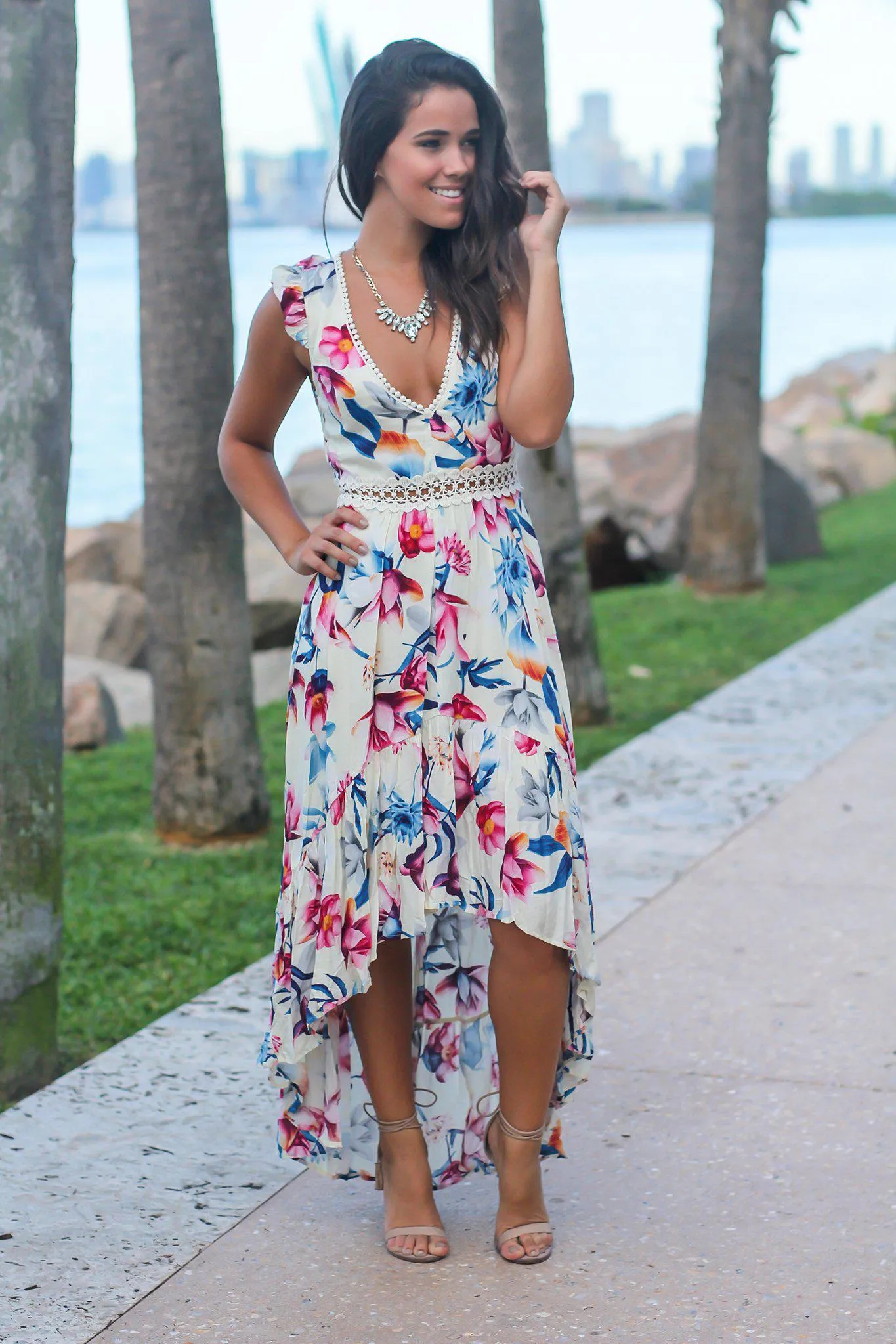 Ivory Floral High Low Dress with Crochet Open Back Detail