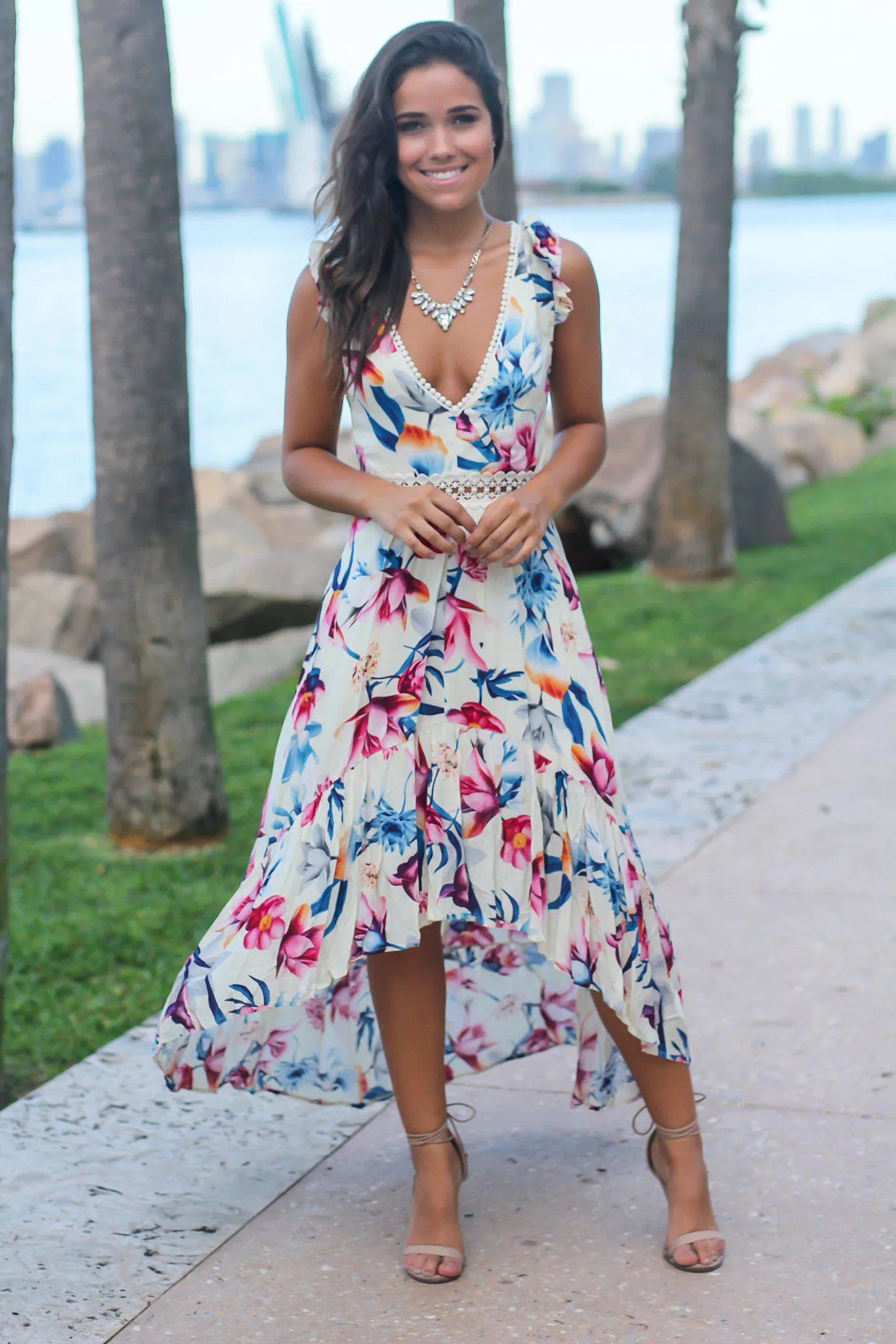 Ivory Floral High Low Dress with Crochet Open Back Detail