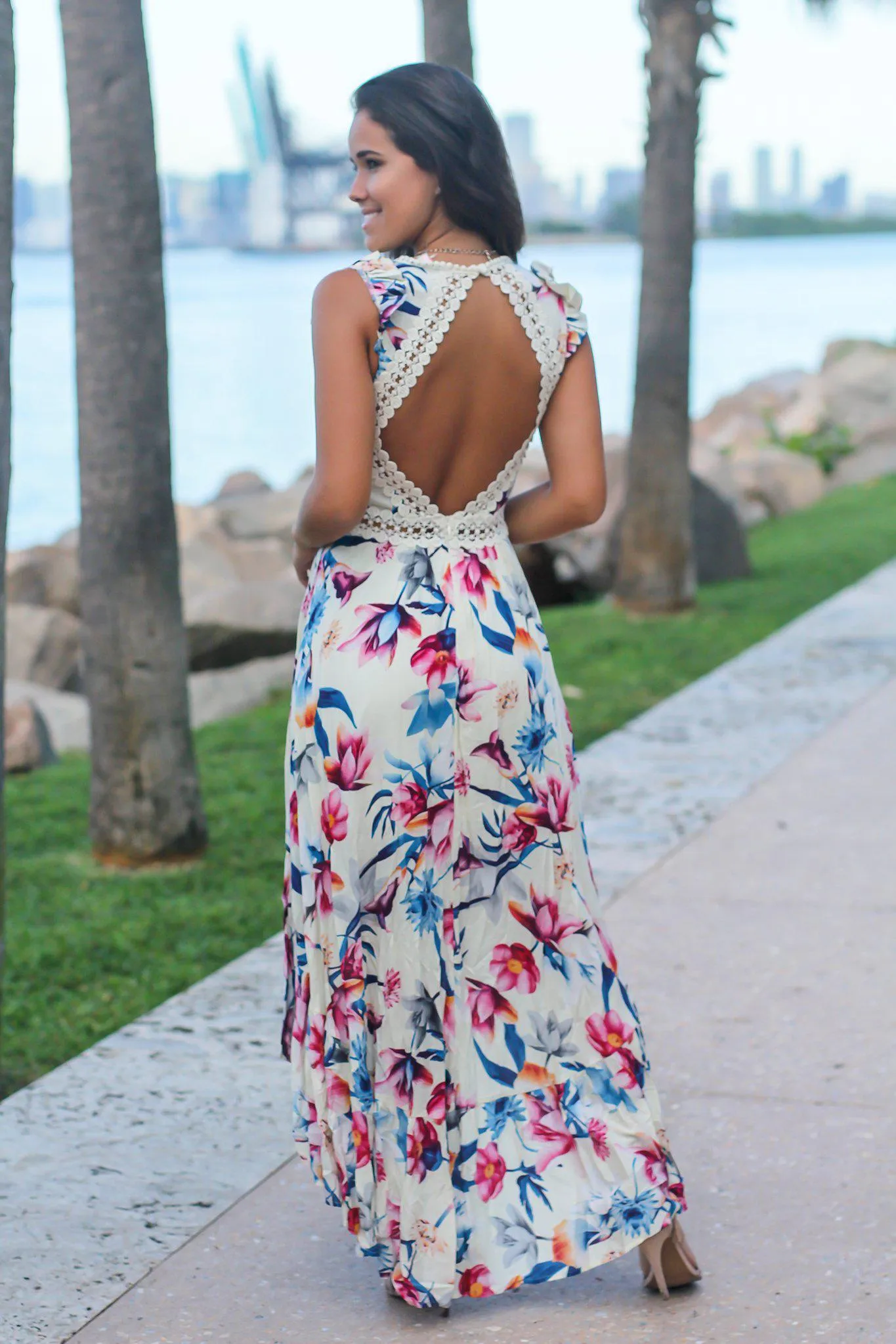 Ivory Floral High Low Dress with Crochet Open Back Detail