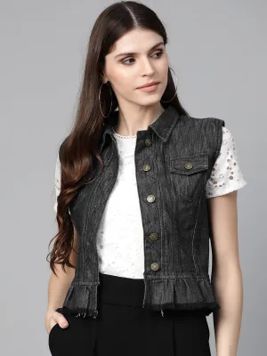 Jashvi Charcoal Grey Solid Denim Jacket