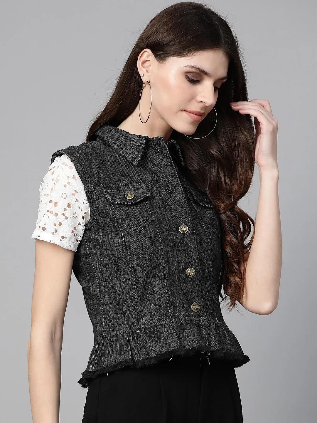 Jashvi Charcoal Grey Solid Denim Jacket