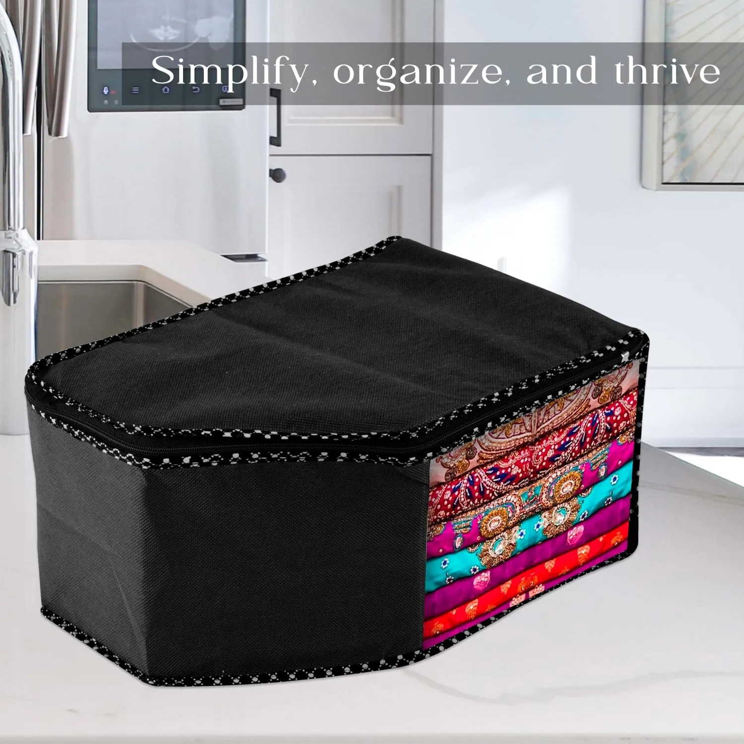 Kuber Industries Blouse Cover | Clothes Storage Bag | Zipper Wardrobe Organizers | Non-Woven Clothes Organiser | Side Transparent Blouse Organizer | Dot Border | Pack of 3 | Black