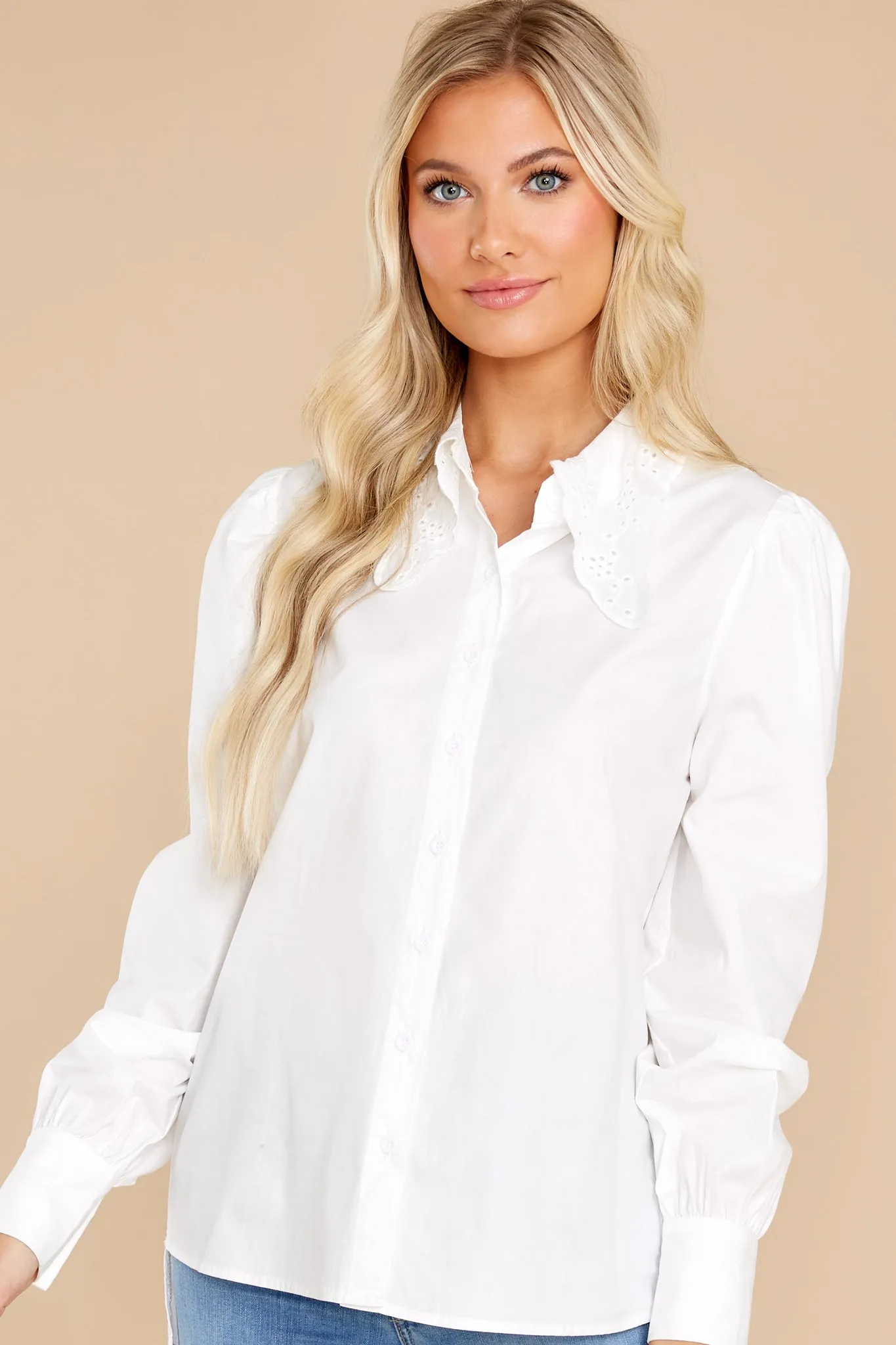 La La Lace White Button Up Top