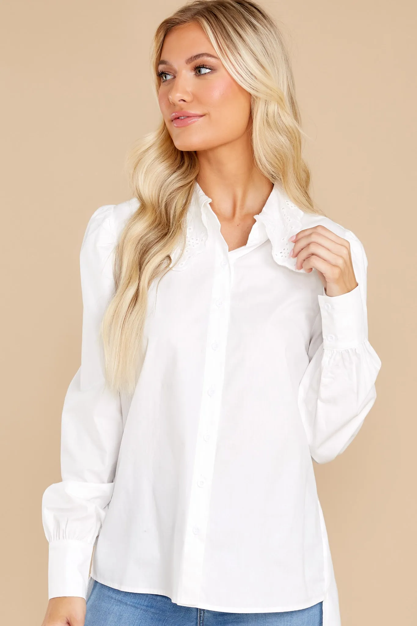 La La Lace White Button Up Top