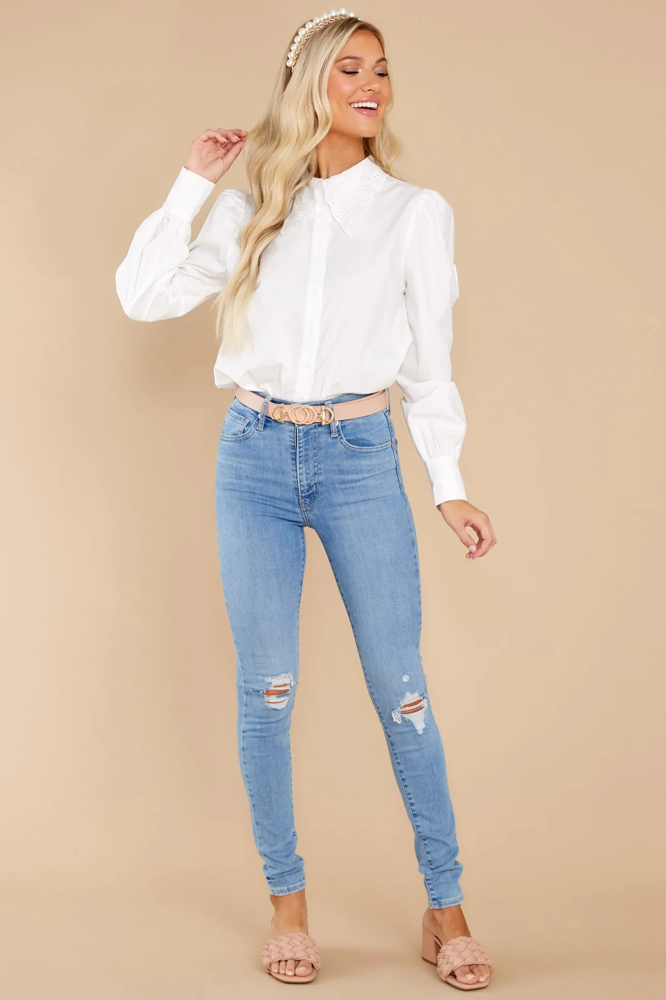 La La Lace White Button Up Top