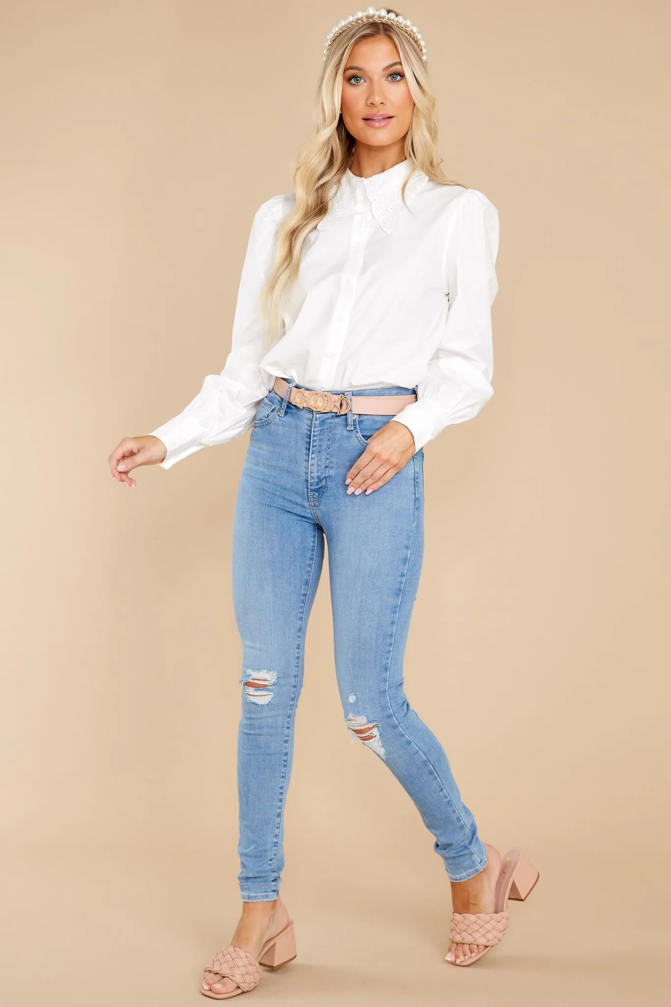 La La Lace White Button Up Top