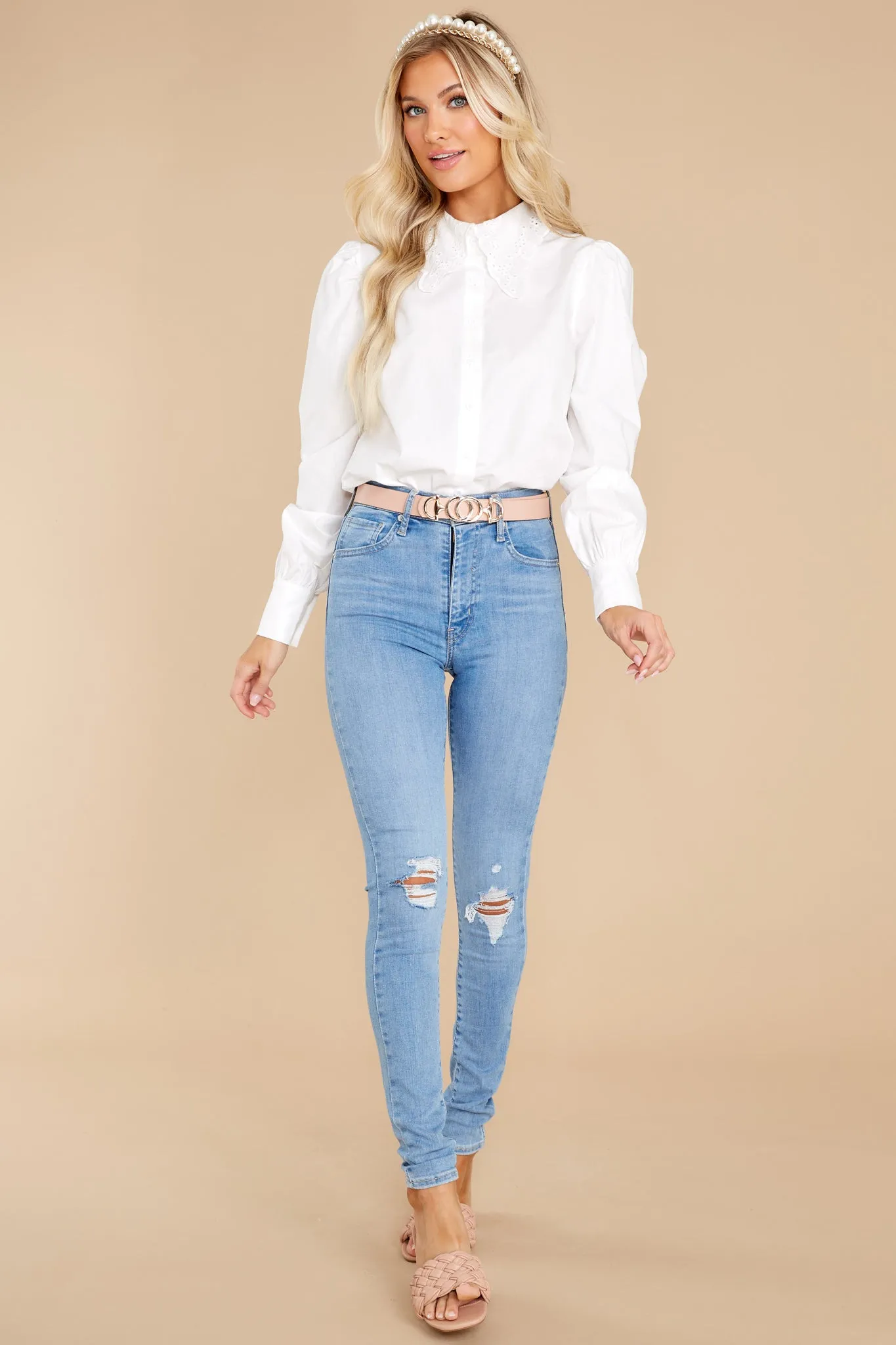 La La Lace White Button Up Top