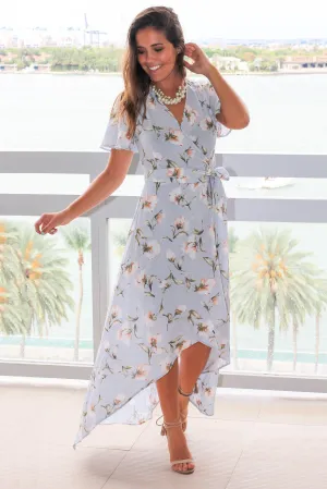 Light Blue Floral High Low Wrap Dress