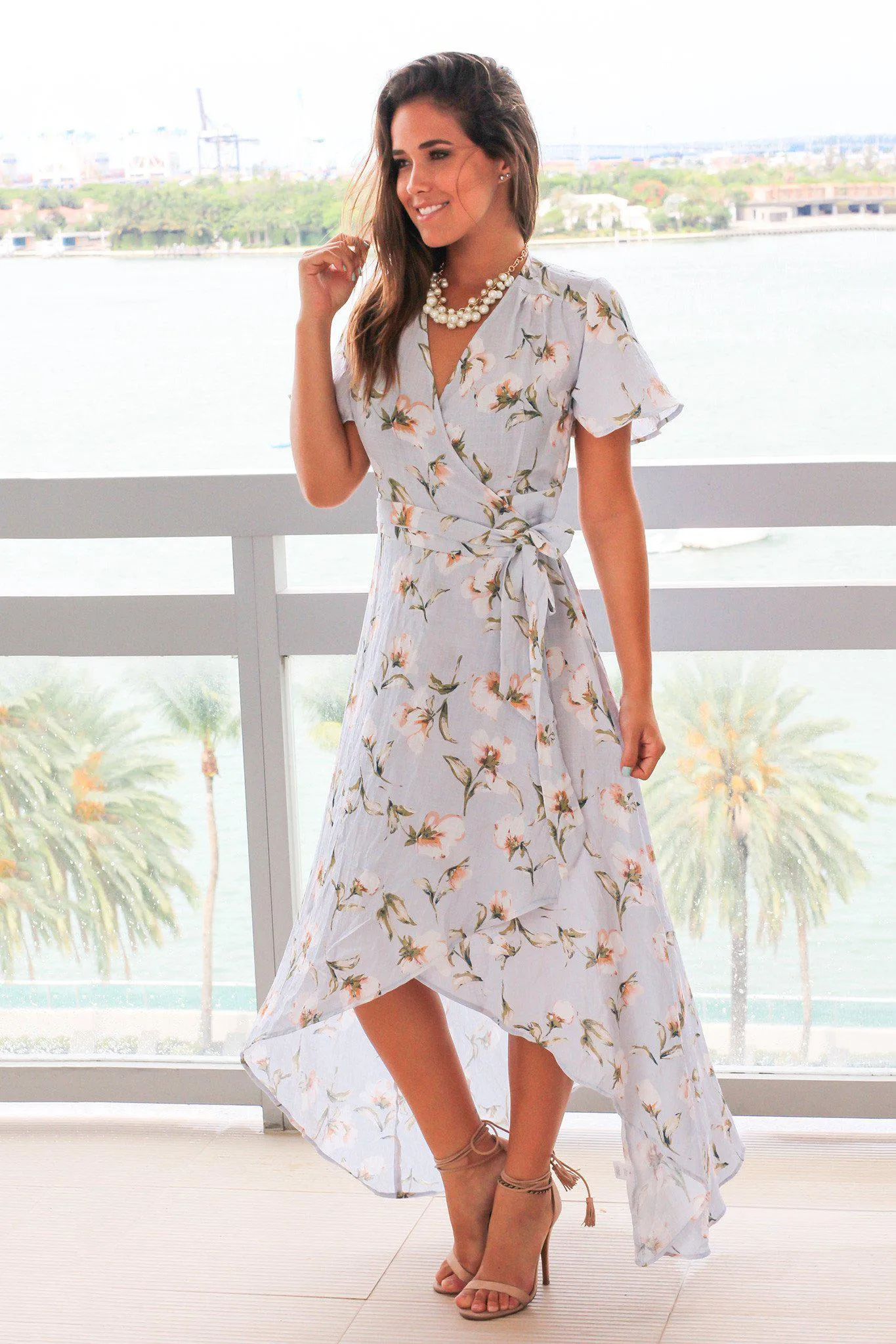 Light Blue Floral High Low Wrap Dress