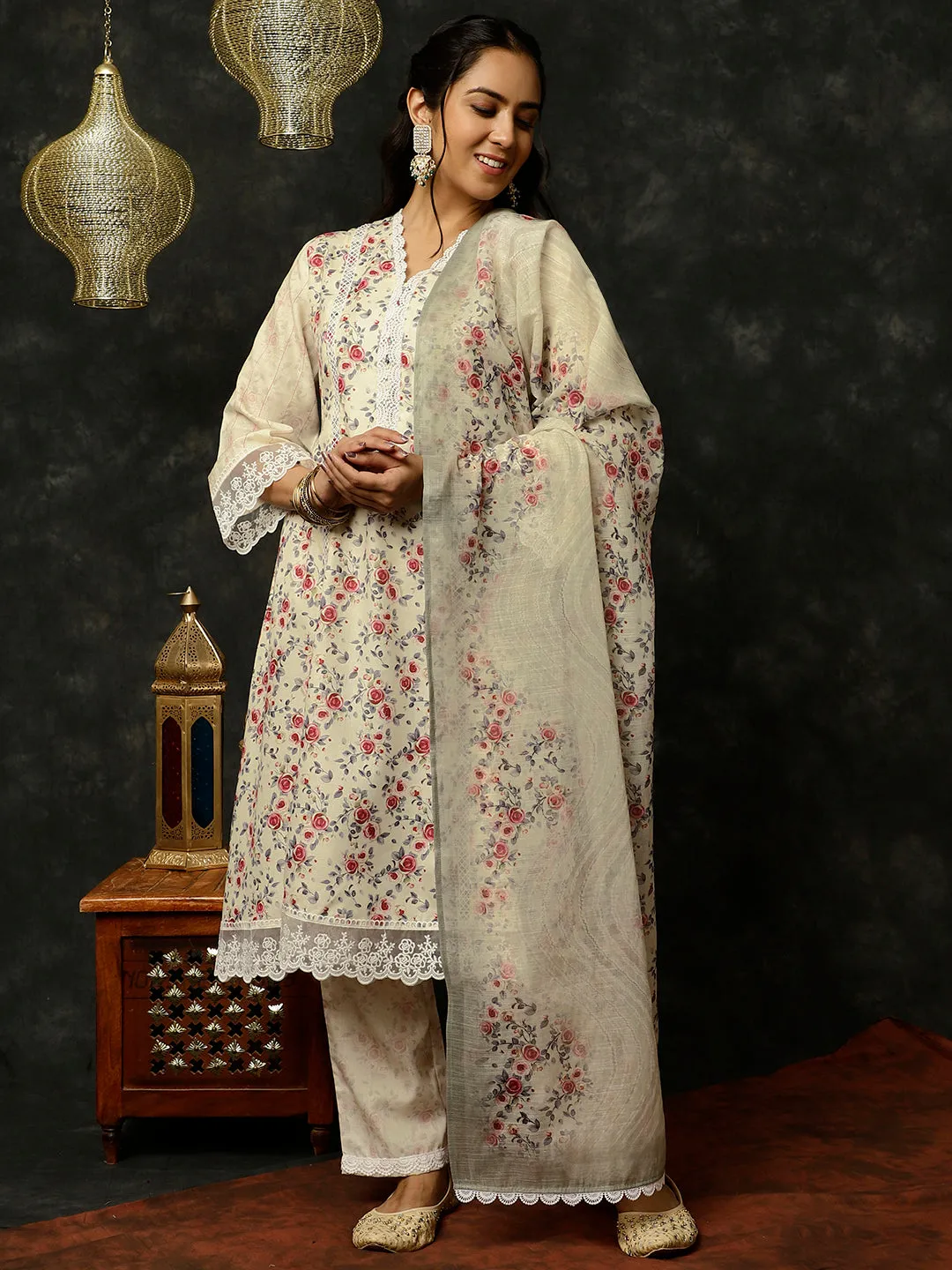 Light Yellow Rose Printed A-line Kurta With Palazzo And Dupatta