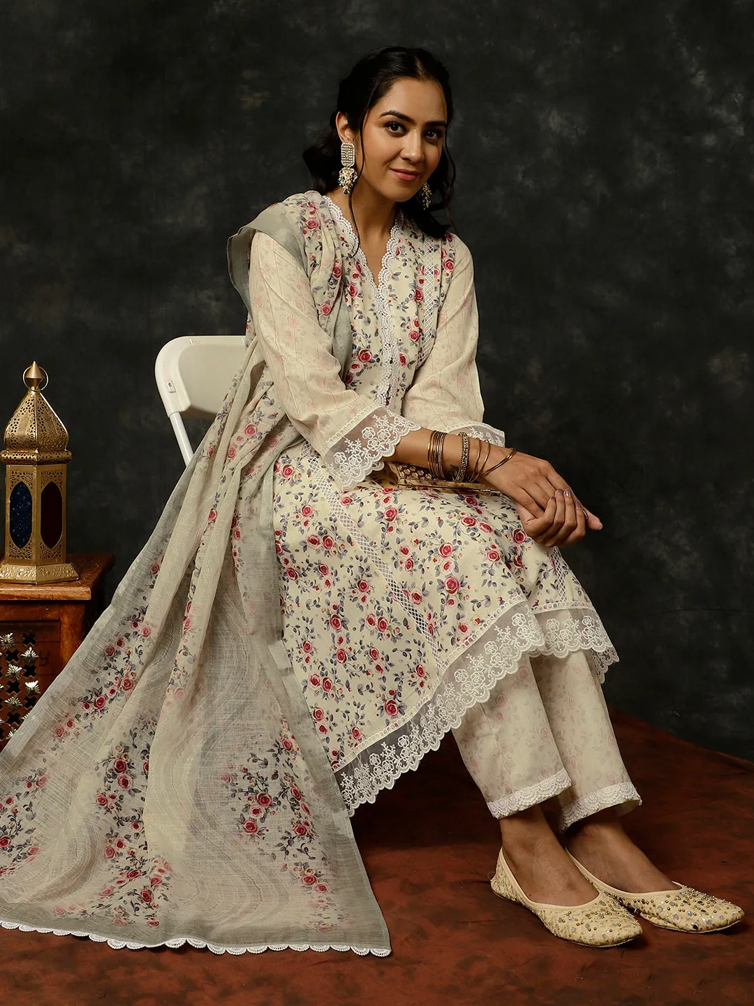 Light Yellow Rose Printed A-line Kurta With Palazzo And Dupatta