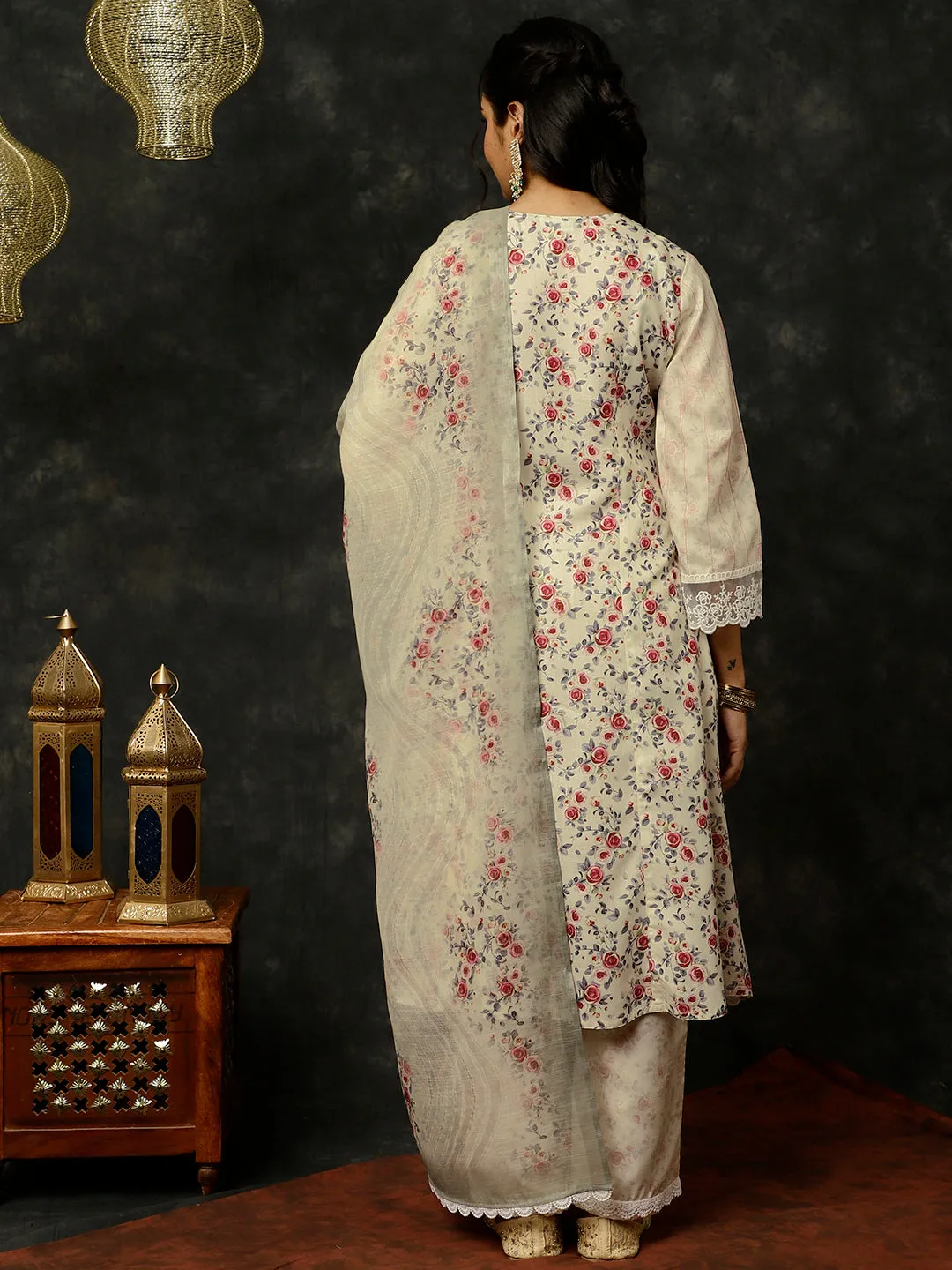 Light Yellow Rose Printed A-line Kurta With Palazzo And Dupatta