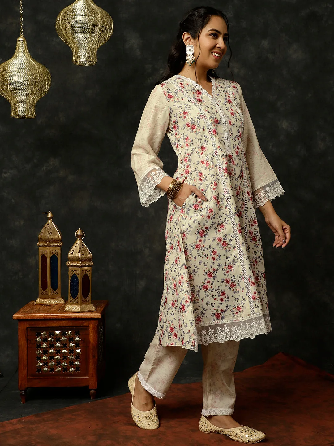 Light Yellow Rose Printed A-line Kurta With Palazzo And Dupatta