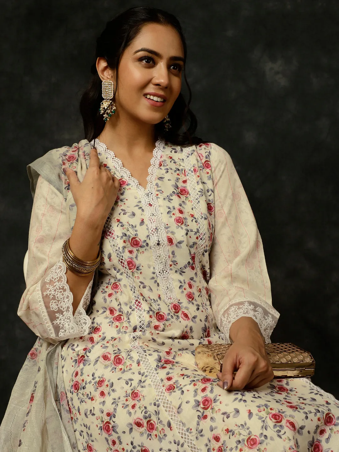 Light Yellow Rose Printed A-line Kurta With Palazzo And Dupatta