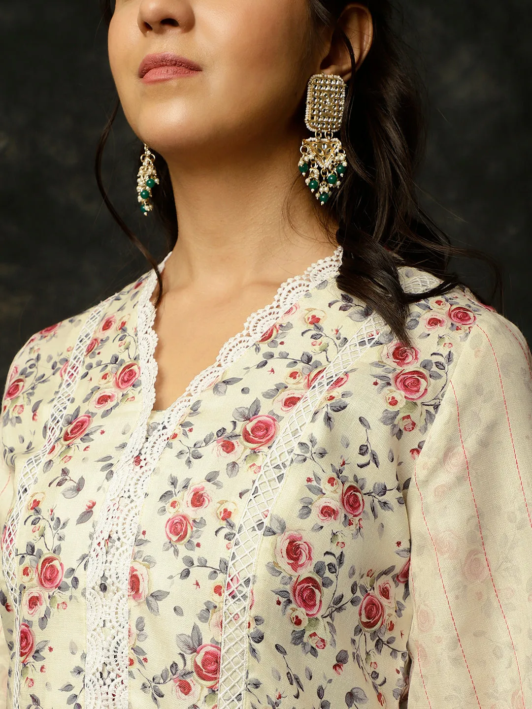 Light Yellow Rose Printed A-line Kurta With Palazzo And Dupatta