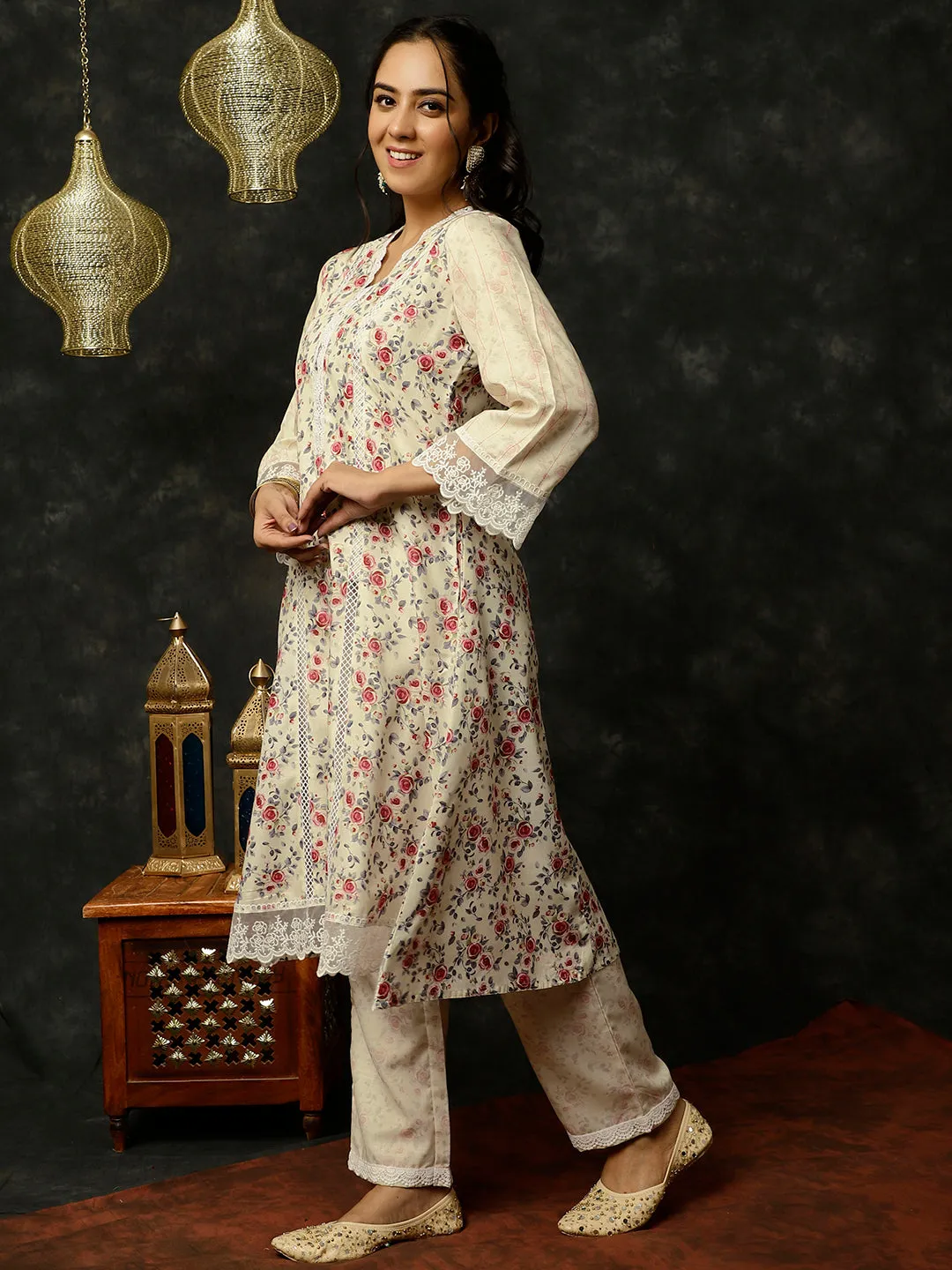 Light Yellow Rose Printed A-line Kurta With Palazzo And Dupatta